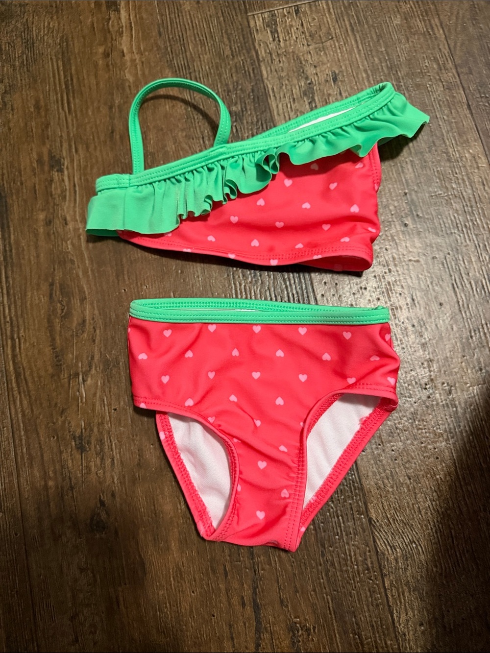 Cat & Jack Coral Pink Bikini Set with Green Ruffle Trim